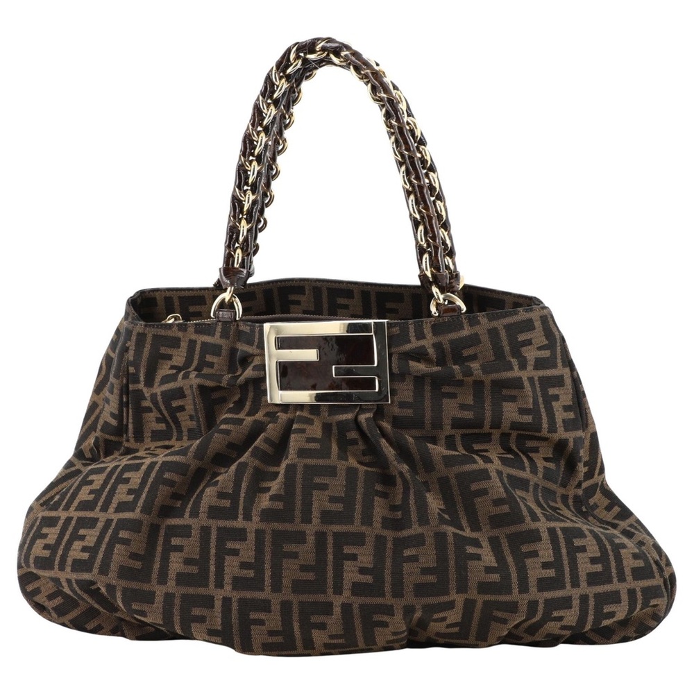 Fendi Tobacco Zucca Canvas and Patent Leather Large Mia Chain Tote